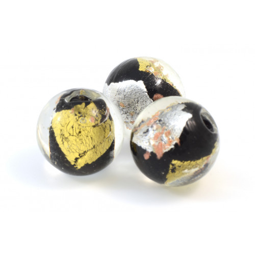 GLASS BEAD ROUND,  BLACK, SILVER AND GOLD FILLED 14MM*